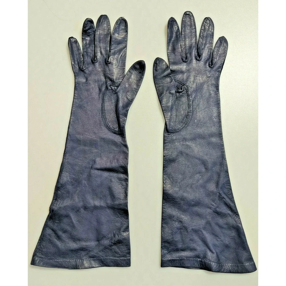 Vintage Made in France Long Leather Gloves Womens Size 6.5 Navy Blue